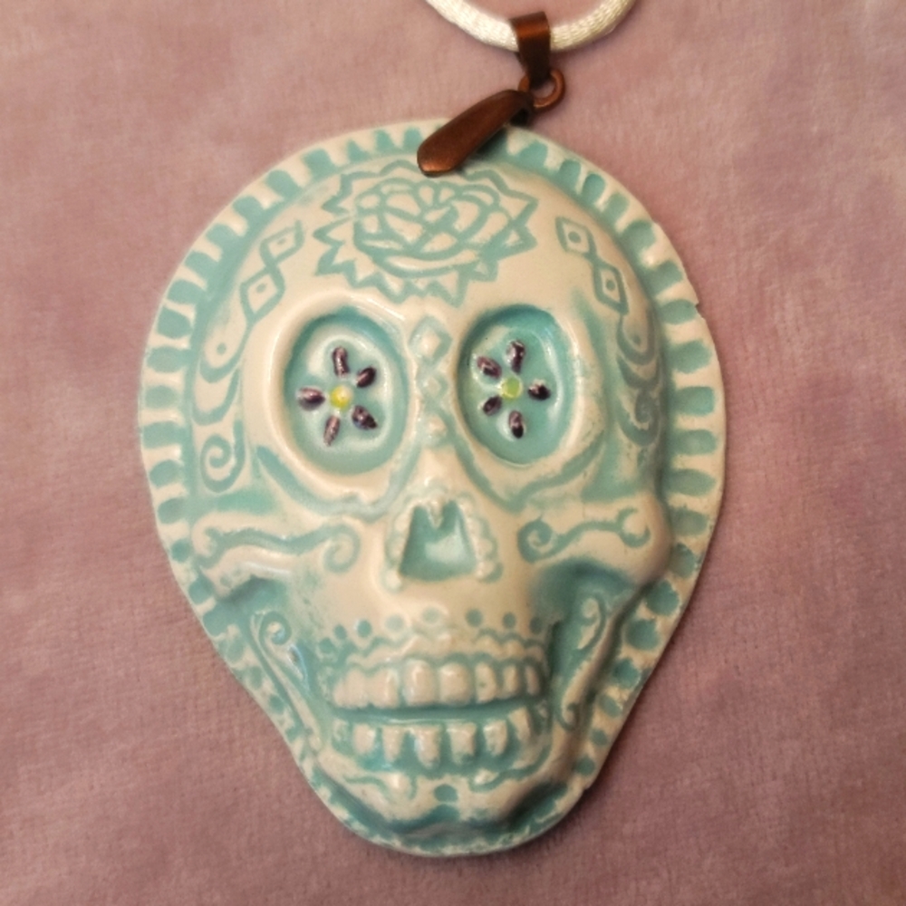 Blue Green and White Skull Pendant Necklace